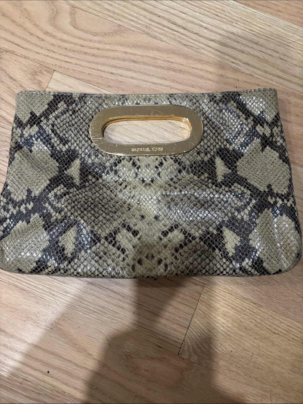 Michael Kors Olive and Black Snake-Print Leather Clutch with Gold Handle